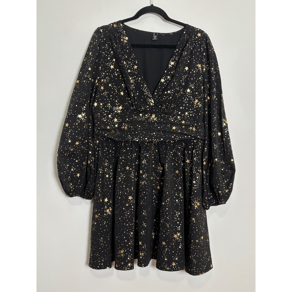 SHEIN Celestial Black Gold Star Mini Dress 2XL Whimsigoth Dark Romantic Party